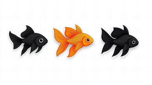 Two black and one orange goldfish swim together.  A vibrant illustration.