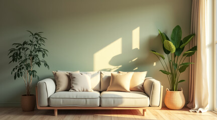 Naklejka premium beige couch with pillows a sunlit room