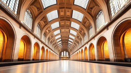 Fototapeta premium A spacious, elegantly designed hall featuring arched windows, warm lighting, and a grand ceiling, creating an inviting atmosphere.