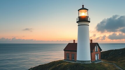 Naklejka premium A picturesque lighthouse stands on a cliff by the ocean, illuminated at dusk, creating a serene coastal atmosphere.