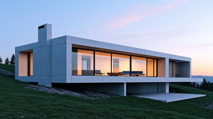Fototapeta premium A sleek, modern concrete house with large windows, set against a serene landscape during twilight.