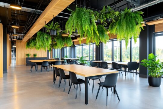 Open office area showcasing hanging plants, natural light, and wooden furniture, designed for creativity and collaboration
