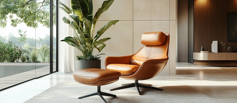 Relaxing Modern Interior Design: Luxurious Leather Armchair and Ottoman with Tropical Plant