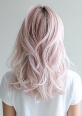 Naklejka premium A woman with long, pink hair is wearing a white shirt