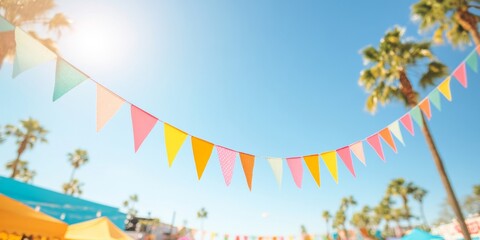 Fototapeta premium Vibrant Spring Fair with Festive Bunting and Palm Trees