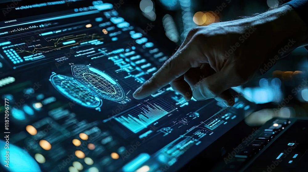 Poster Hand Interacts With Futuristic Data Display Screen