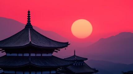 Obraz premium A serene sunset casts a vibrant pink hue behind traditional architecture, blending natural beauty with cultural heritage.