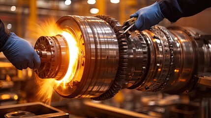 Industrial Workers Assembling a Large Metal Gear System