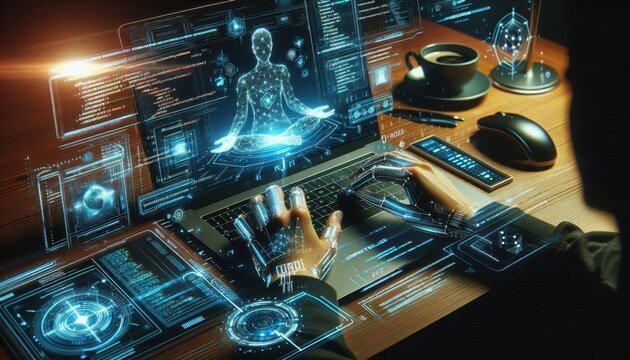 Cybersecurity expert, data streams, holographic displays, futuristic interface, glowing blue lights, digital security, hacker, computer code, dark room, intense focus, high-tech workspace, data visual