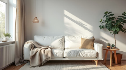 Fototapeta premium sunlit living room with white sofa beige accents