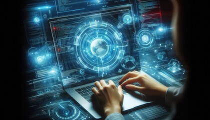 Cybersecurity expert, data streams, holographic displays, futuristic interface, glowing blue lights, digital security, hacker, computer code, dark room, intense focus, high-tech workspace, data visual