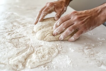A man's hands knead a ball of dough, flour dusting the surface.