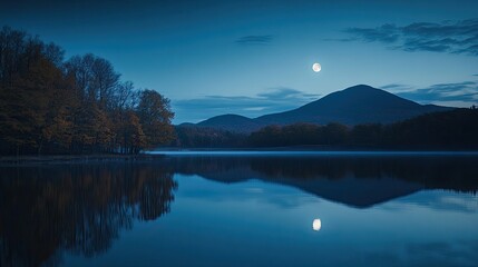Fototapeta premium Serene Nighttime Lake Scene With Full Moon And Mountain Reflections
