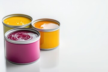 Three vibrant paint cans in yellow, orange, and magenta, showcasing their rich colors.
