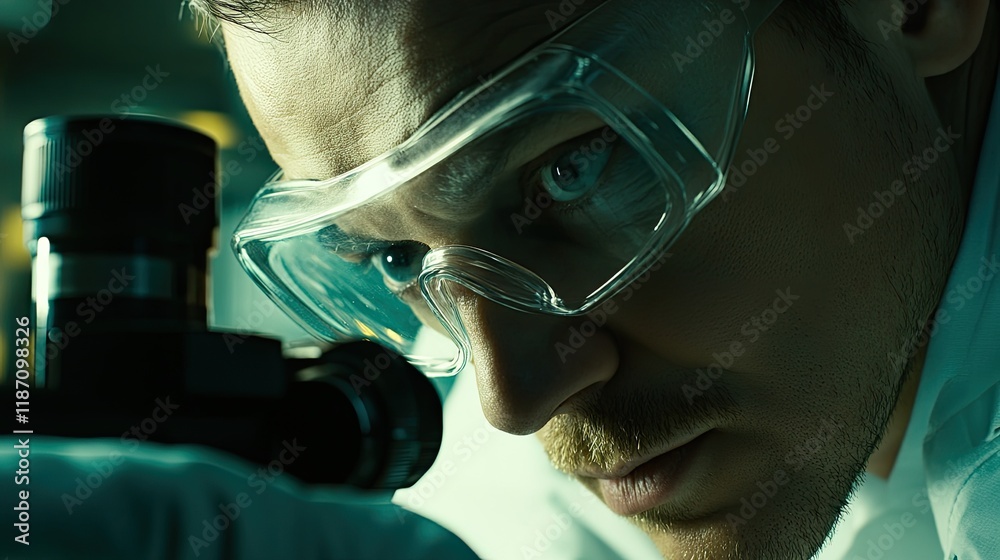 Poster Scientist intently views a sample through a microscope