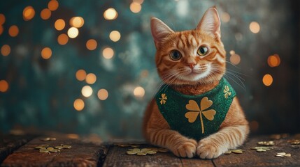 Orange Tabby Cat Wearing Shamrock Bandana