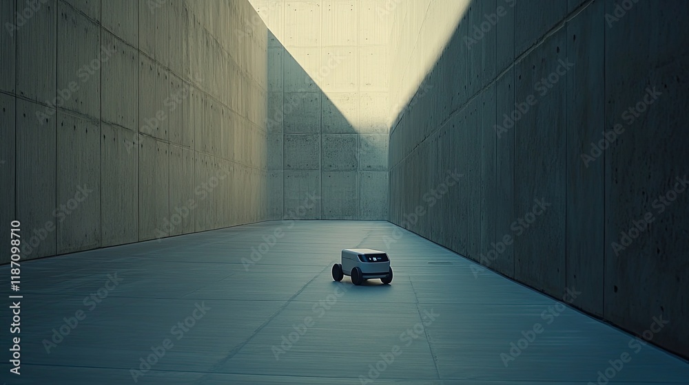 Poster autonomous vehicle navigating concrete corridor