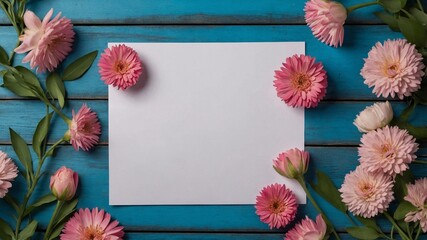 Obraz premium Blank white paper lying in the center, surrounded by delicate pink flowers and fresh green leaves, placed on a textured blue wooden surface, creating a natural, artistic, and serene aesthetic.