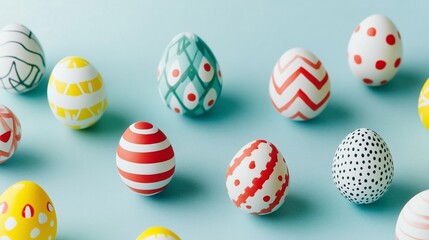 Fototapeta premium Easter eggs featuring orange and green striped patterns are beautifully displayed on a blue background.