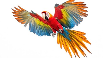 Obraz premium A vibrant macaw in flight, showcasing its colorful wings in fine detail against a pure white background