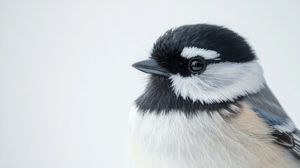 Fototapeta premium A black-capped chickadee with soft feathers, its delicate black and white head contrasting against a pure white background