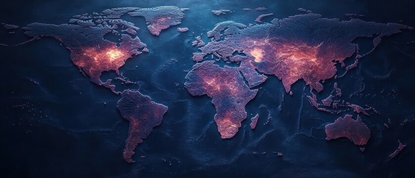 A stylized world map illuminated with vibrant colors, highlighting urban areas.