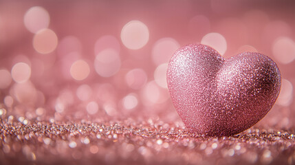 Obraz premium Pink heart covered with pink glitter and dust in the falling bokeh and sequins, luxury background, award ceremonies backdrop, Holiday, fashion, show and beauty industries advertisement, mega realist