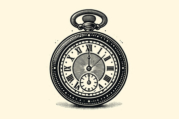 Vintage pocket watch illustration in simple black flat engraving style