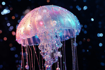 shimmering jellyfish with iridescent glitters and pearls hanging from its tentacles, creating a...