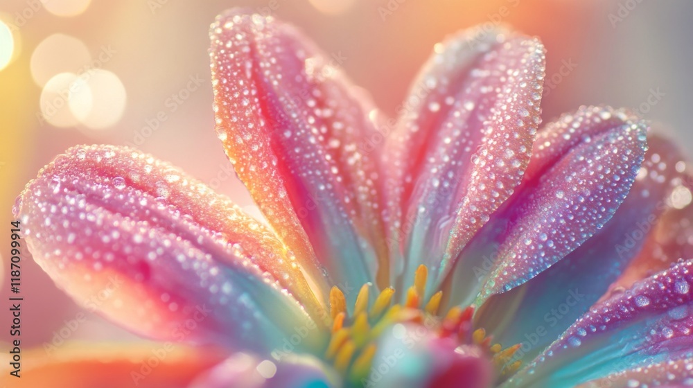 Poster a close-up of a colorful flower with dew-covered petals, captured with soft focus and a light mist i
