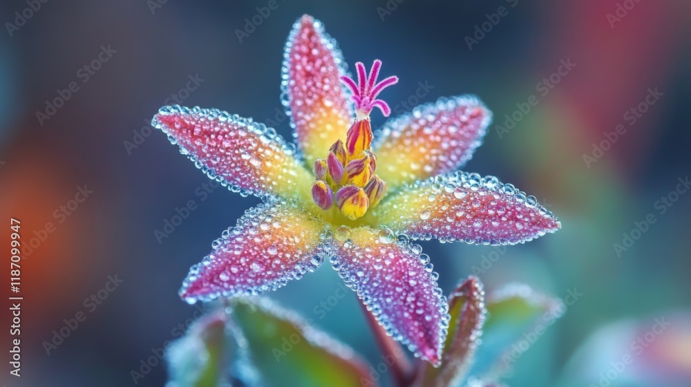 Poster a close-up of a colorful flower with dew-covered petals, captured with soft focus and a light mist i