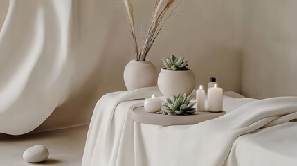Soft towels are neatly arranged next to glowing candles and essential oils, surrounded by potted plants, creating a calming atmosphere ideal for relaxation and rejuvenation