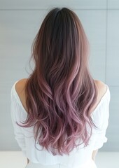 Fototapeta premium A woman with long, purple hair is wearing a white shirt