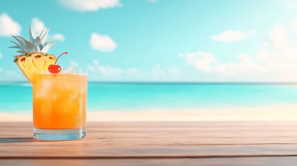 Obraz premium Refreshing tropical cocktail garnished with a pineapple wedge and cherry resting on a wooden table, overlooking a beautiful beach with turquoise water and a cloudy sky