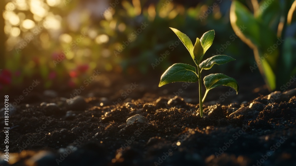 Poster a close-up of a tiny green seedling sprouting from rich, dark soil, illuminated by soft sunlight in 