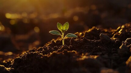 A close-up of a tiny green seedling sprouting from rich, dark soil, illuminated by soft sunlight in a garden.