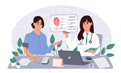 World hypertension day. Blood pressure measurement. . Patient with hypertension during a consultation with a cardiologist checks the condition of the heart with the help of a tonometer. Diagnosis and