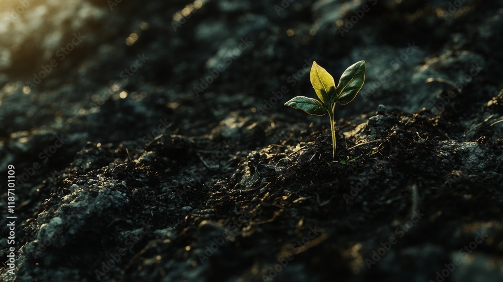 Poster a close-up of a tiny green seedling sprouting from rich, dark soil, illuminated by soft sunlight in 