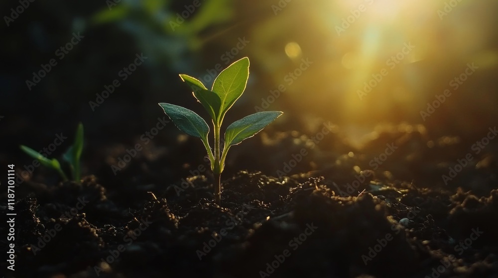 Poster A close-up of a tiny green seedling sprouting from rich, dark soil, illuminated by soft sunlight in a garden.