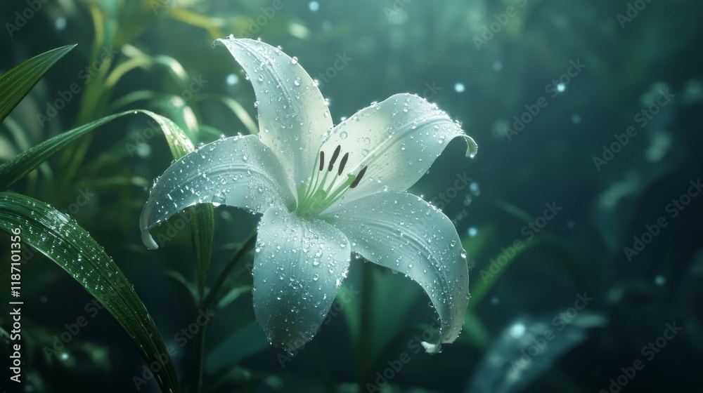 Poster a close-up of a white lily with water droplets glistening on its soft petals, surrounded by greenery