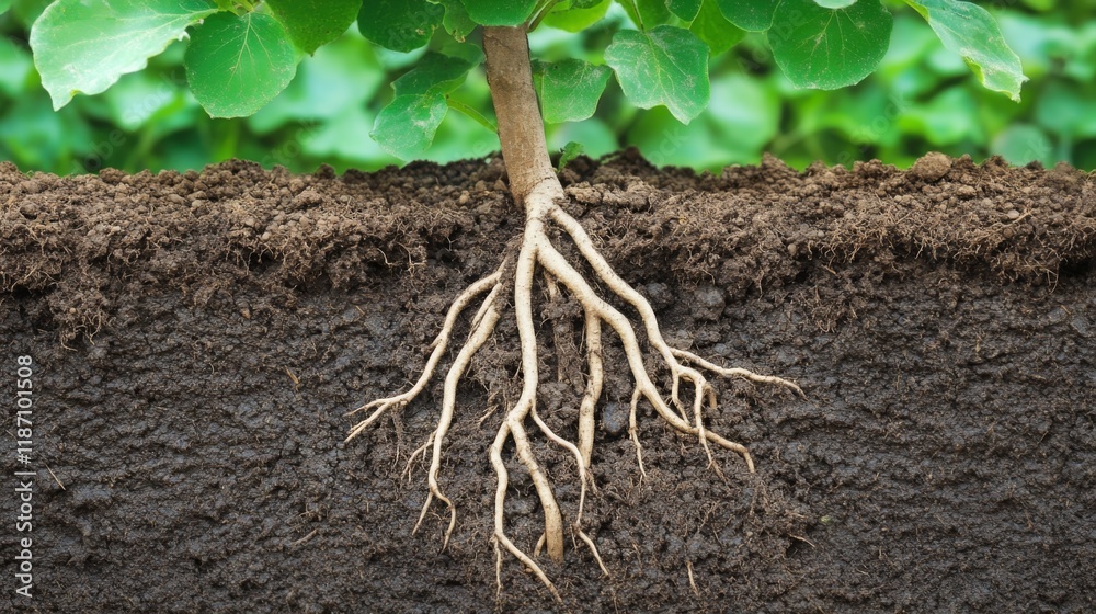Poster a close-up of a young tree's roots taking hold in the earth, highlighting its stability and connecti