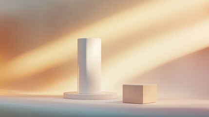 A stylish, minimalist stage with a central white cylinder and a small cube beside it, placed on a smooth surface. 
