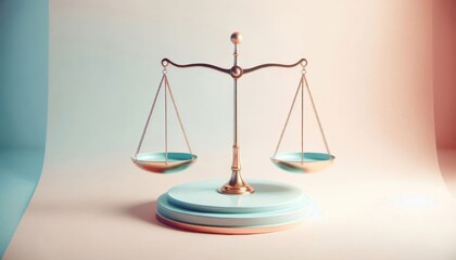 Golden scales of justice, balanced, symmetrical, soft lighting, pink and peach gradient background, legal symbol, 3D rendering, metallic texture, conceptual image, law and order, equality, fairness, j
