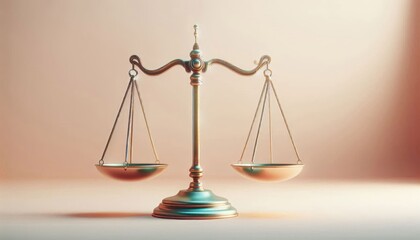 Golden scales of justice, balanced, symmetrical, soft lighting, pink and peach gradient background, legal symbol, 3D rendering, metallic texture, conceptual image, law and order, equality, fairness, j