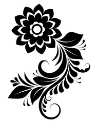 Simple black ornament with one flower, swirls and leaves on white isolated background. Abstract floral pattern silhouette for design