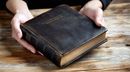Closeup of a woman holding the closed holy bible book on the wooden table. female christian person studying and reading god's word for salvation and forgiveness of sins. religious belief, jesus gospel