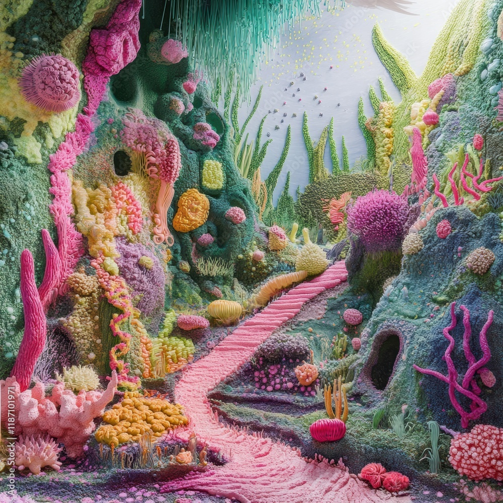 Aufkleber exploring the vibrant world of bacteria with intricate textures and colors in an undersea landscape.
