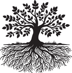 silhouette of tree with leaves and roots vector art illustration