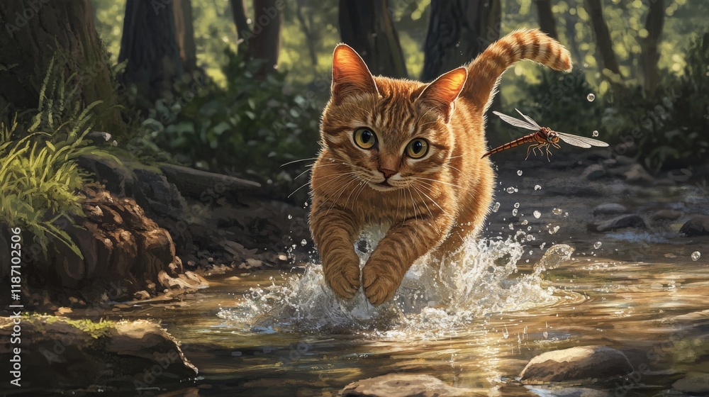 Aufkleber A curious tabby cat splashing through shallow puddles as it chases a dragonfly in a forest clearing.