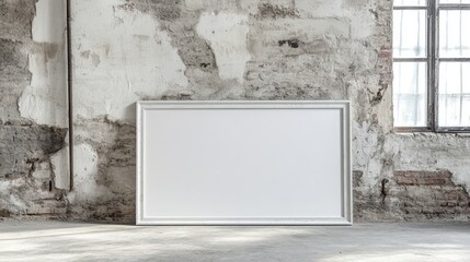 Large Blank White Frame Against Weathered Wall